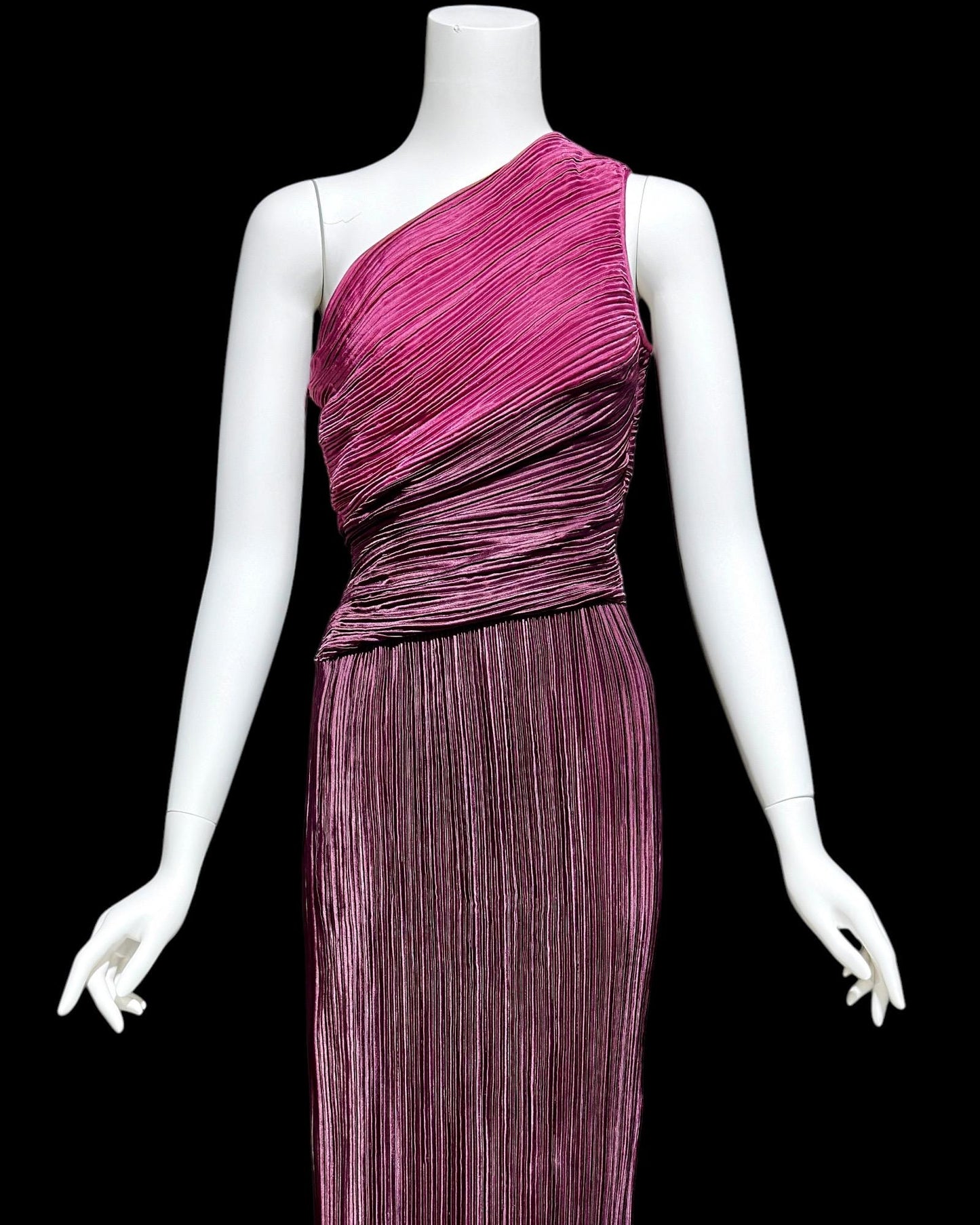 JERI vintage evening dress gown, 1970s one shoulder draped pleated formal gown, raspberry and plum grecian goddess gown