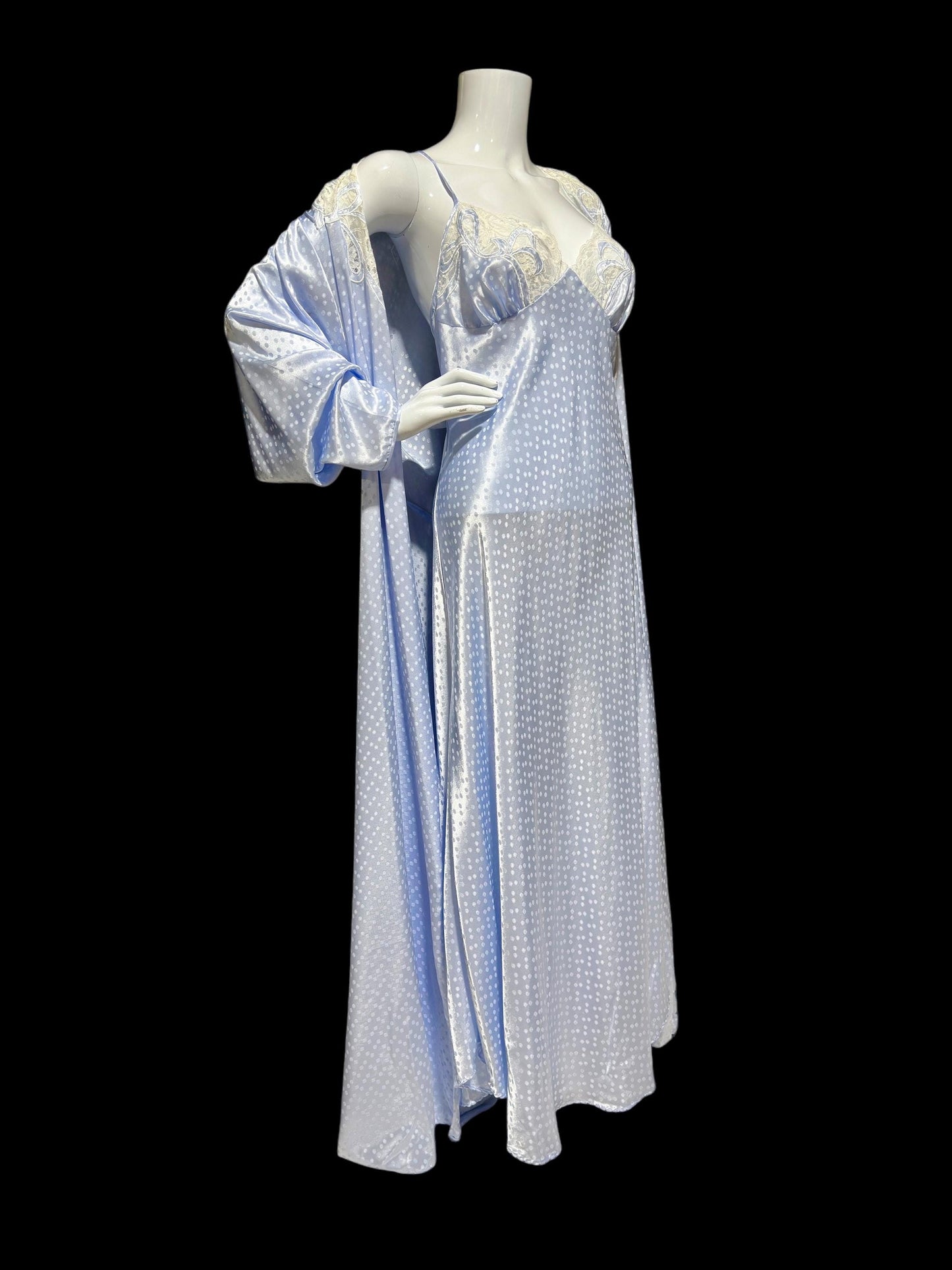 NATORI for SAKS 5th Ave, Nightgown robe set, shiny icy blue sheath slip gown and peignoir set