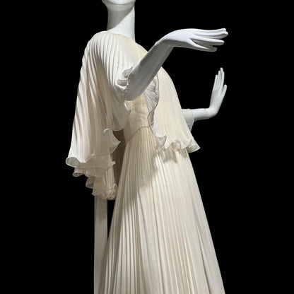 1960s vintage evening dress gown, almond white lace pleated dress, ruffled cape collar