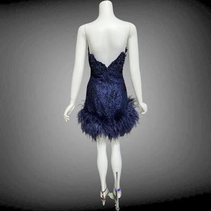 LILLIE RUBIN, vintage 1980s MINI Party Prom cocktail dress, Navy Blue Strapless sequin lace and ostrich feathers