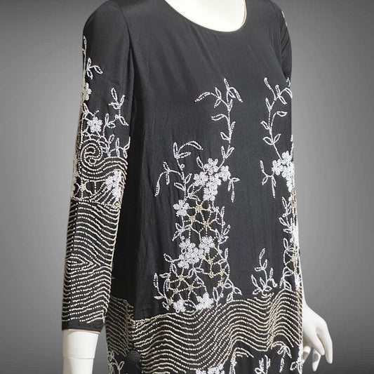 HOUSE OF ADAIR, vintage 1920s party dress, black and white shift beaded flapper dress, heavy beading