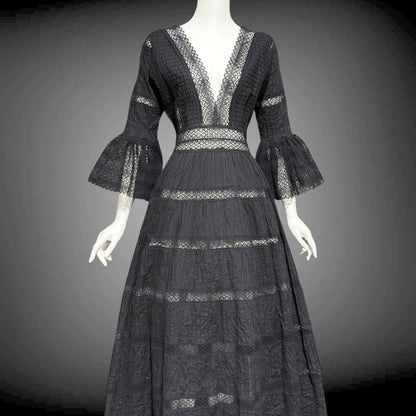1970s vintage Mexican Wedding dress, Black cotton blend Deep V ball gown, long bell Sleeves, Maxi Hippie Bohemian gown