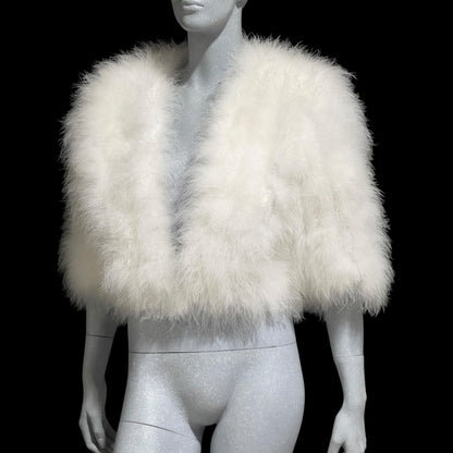 1980s Vintage Marabou Feather Cropped Jacket: Snowy White Bridal Wedding Evening Topper