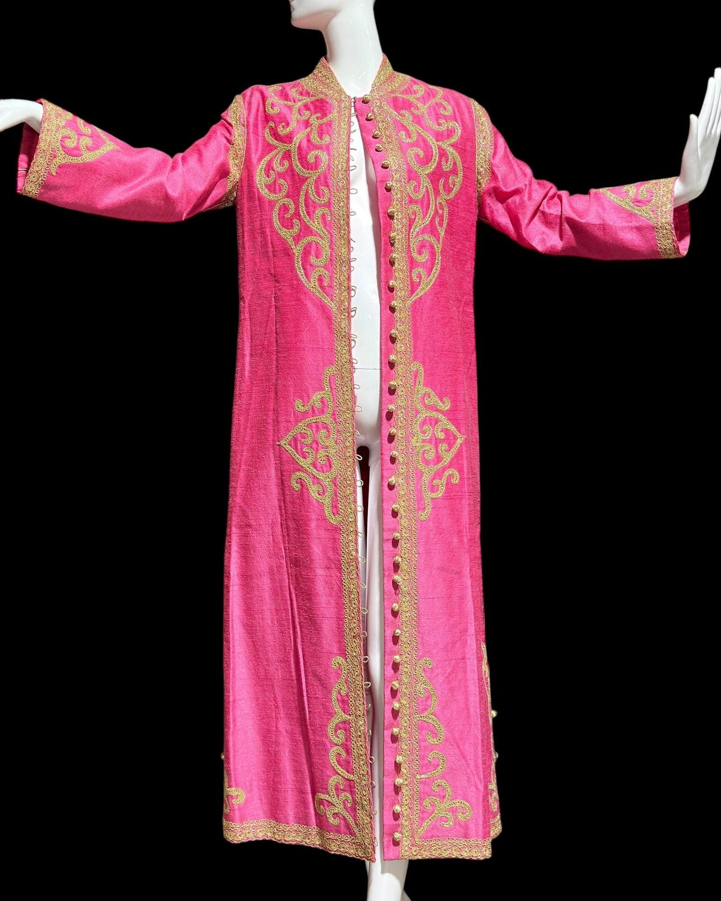 MOURJANA vintage 1960s raw silk Moroccan caftan dress, Hand Made Hot Pink and gold metallic embroidered Kaftan