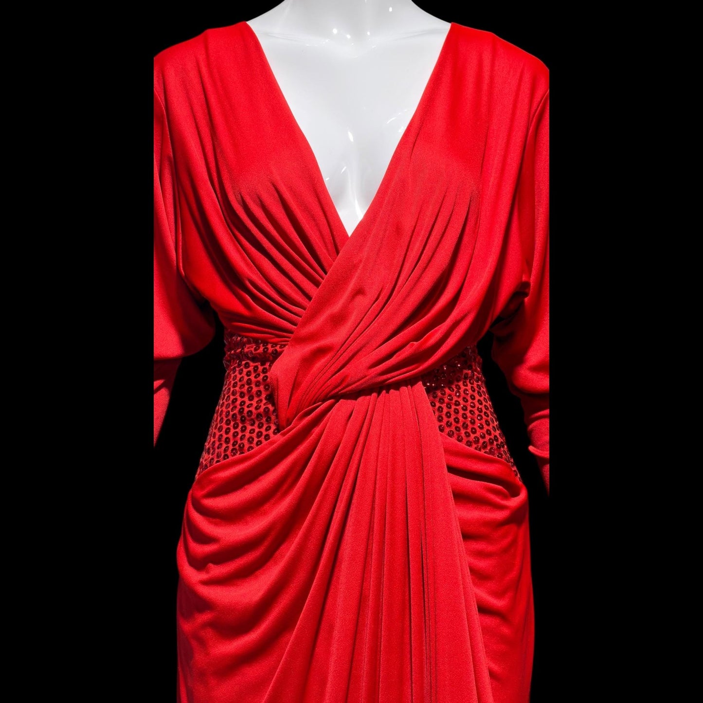 TADASHI Vintage evening dress gown, 1980s glam red sequin sarong gown