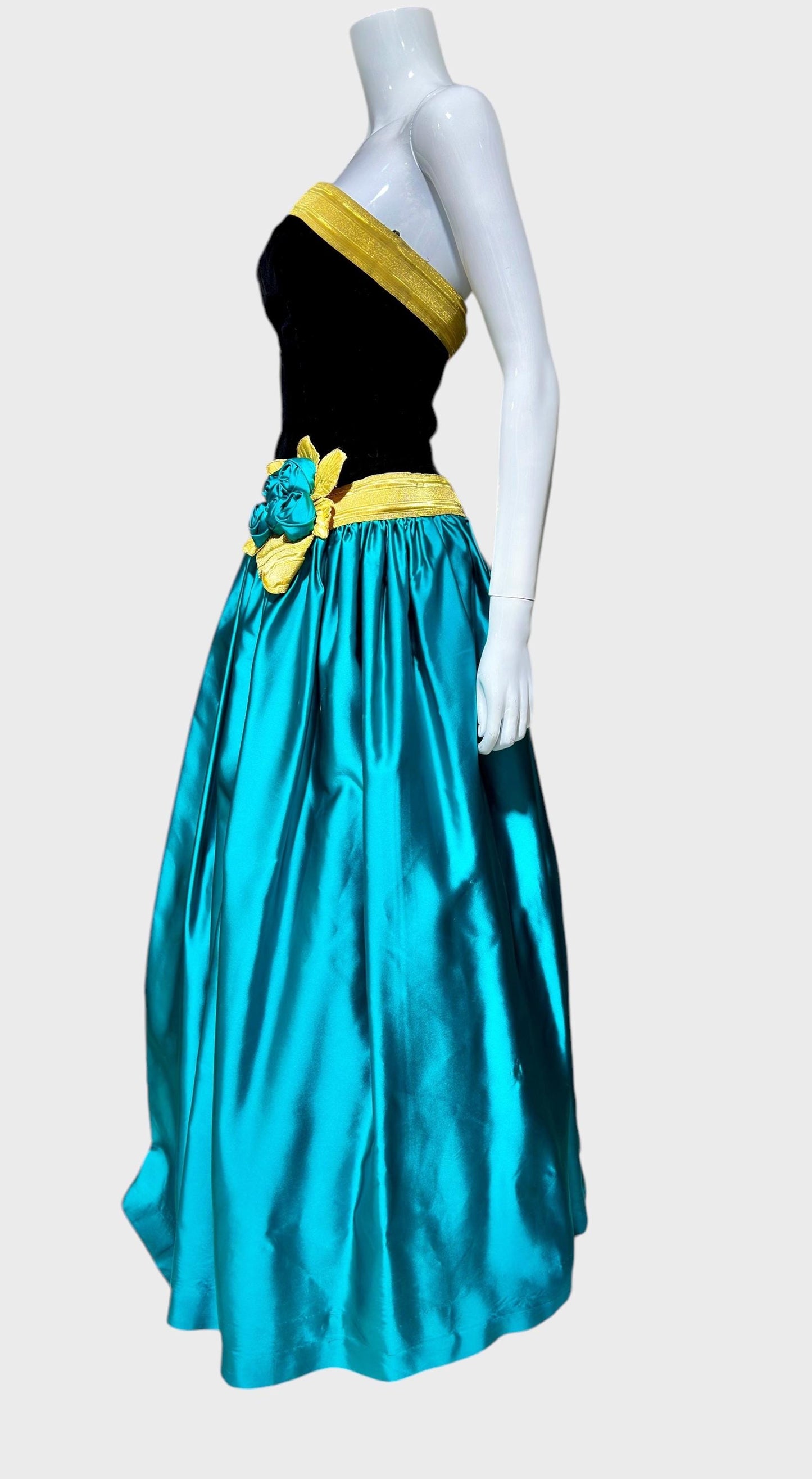 EUGENE ALEXANDER for Neiman Marcus, 1980s evening dress, black & teal rosette ball gown