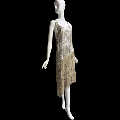FRANK USHER vintage 1980s evening dress, Silver sequin and fringe cocktail flapper slip dress