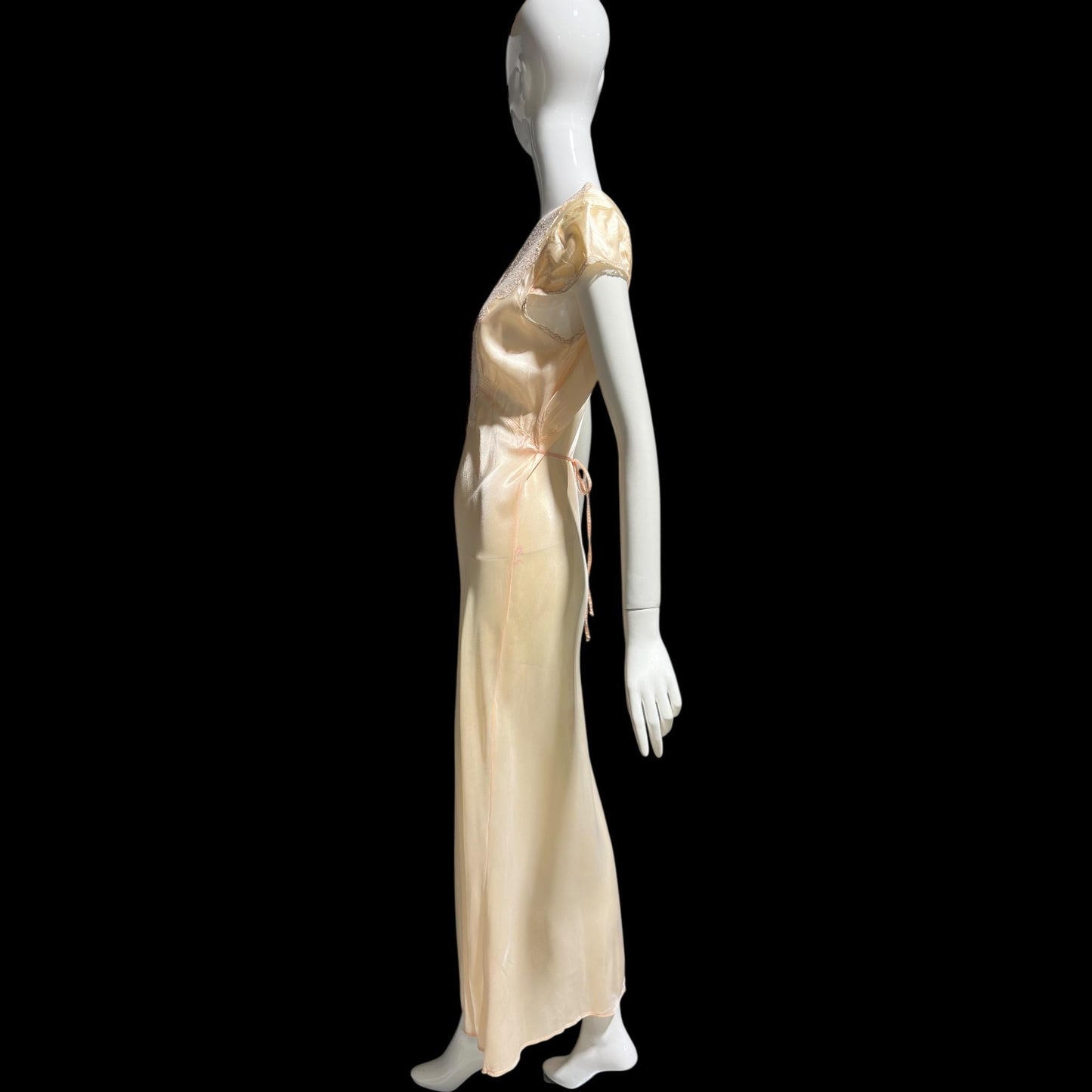Femicraft vintage 1930s Rayon Slip Dress: Bias Cut Shiny Pale Peach Nightgown, Lace Trim