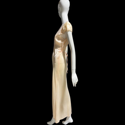 Femicraft vintage 1930s Rayon Slip Dress: Bias Cut Shiny Pale Peach Nightgown, Lace Trim