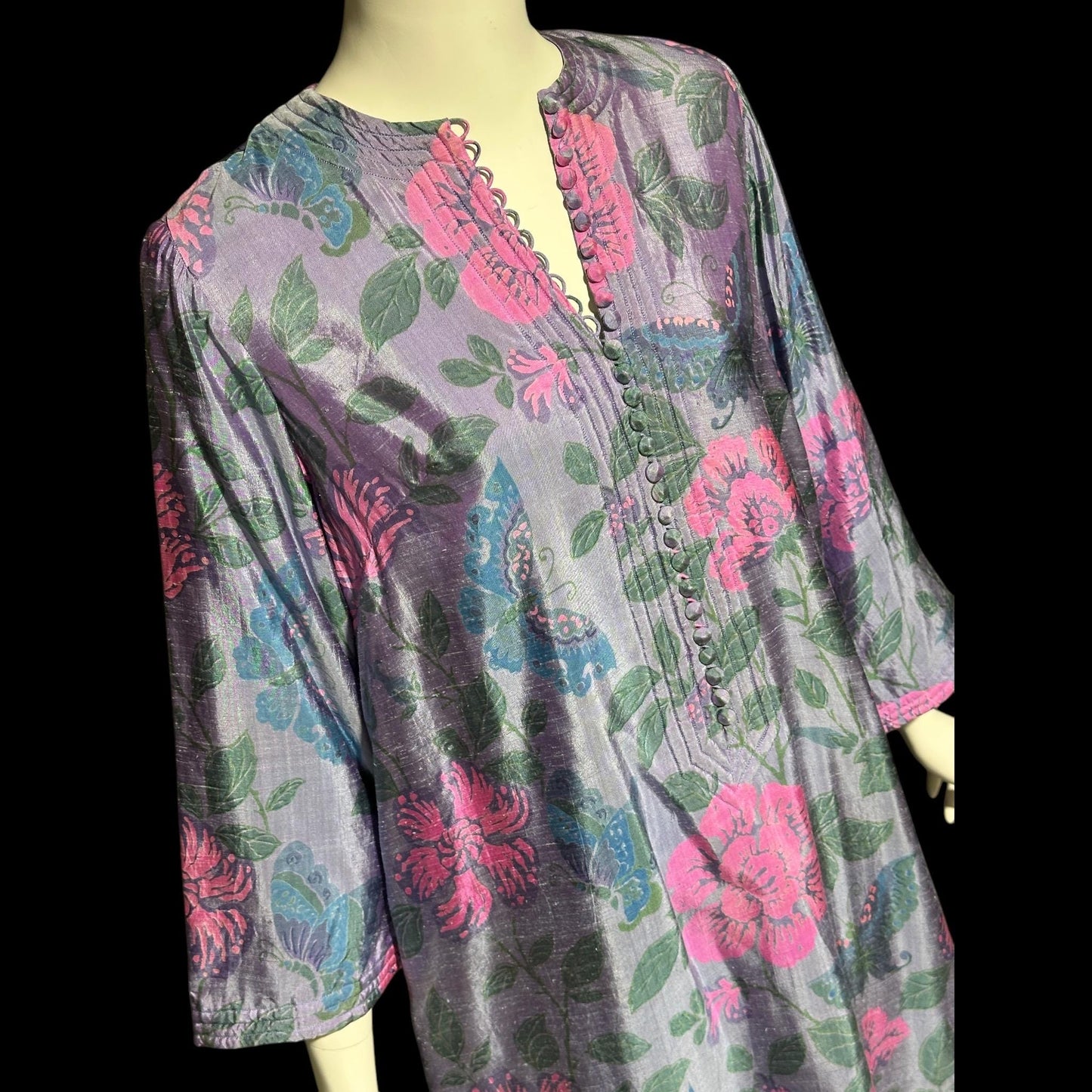 JIM THOMPSON, vintage 1960s Thai Silk caftan maxi dress, dusty blue flowers butterflies Hippie Boho Kaftan