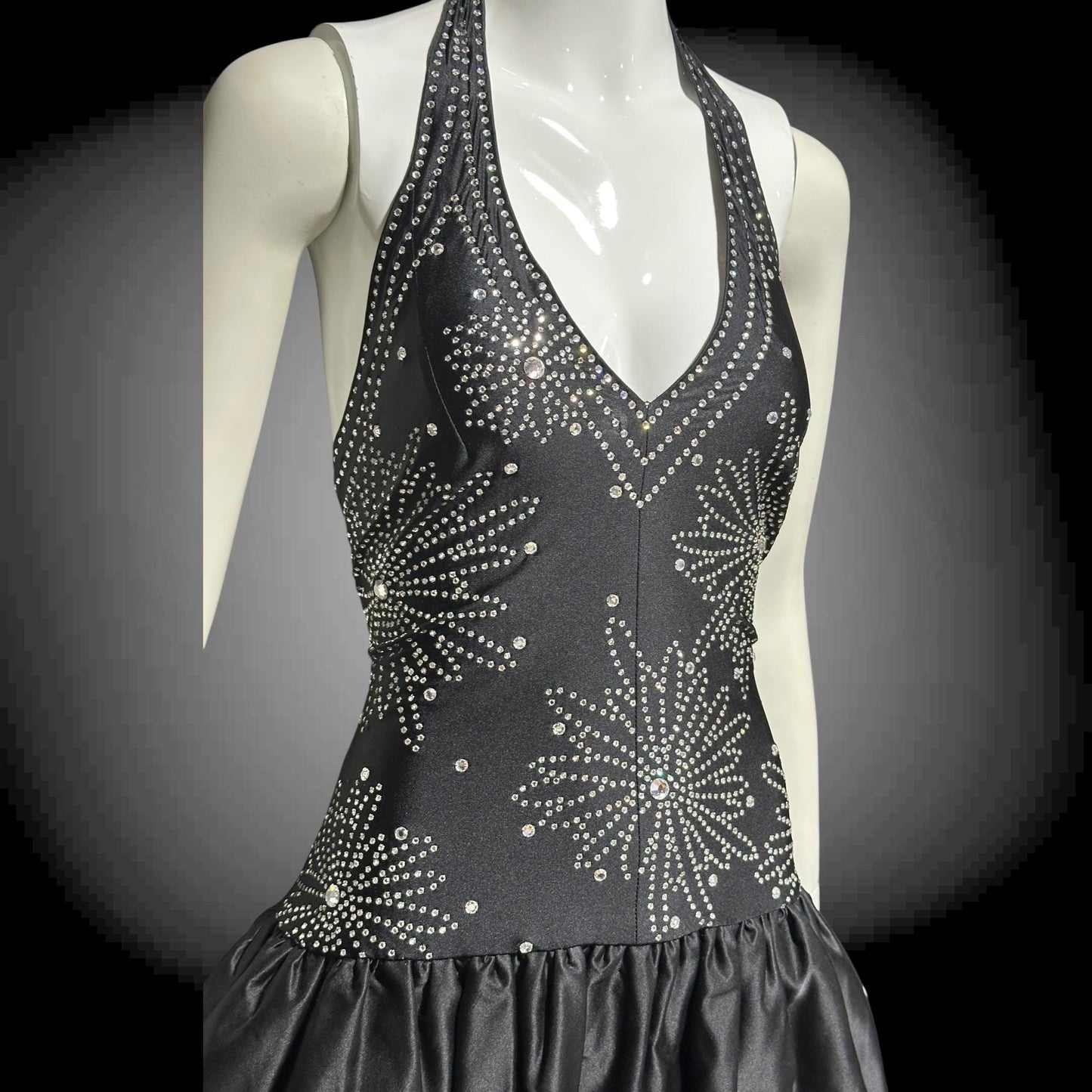 1970s Halter Party Mini Dress: Vintage black bubble skirt with rhinestone studs