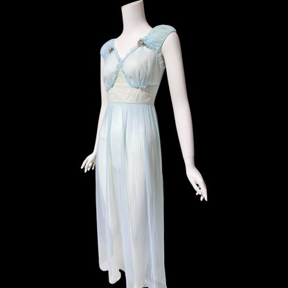 1940s Sheer Nightgown Slip Dress: Totally sheer powder blue micro pleat Old Hollywood Night Dress