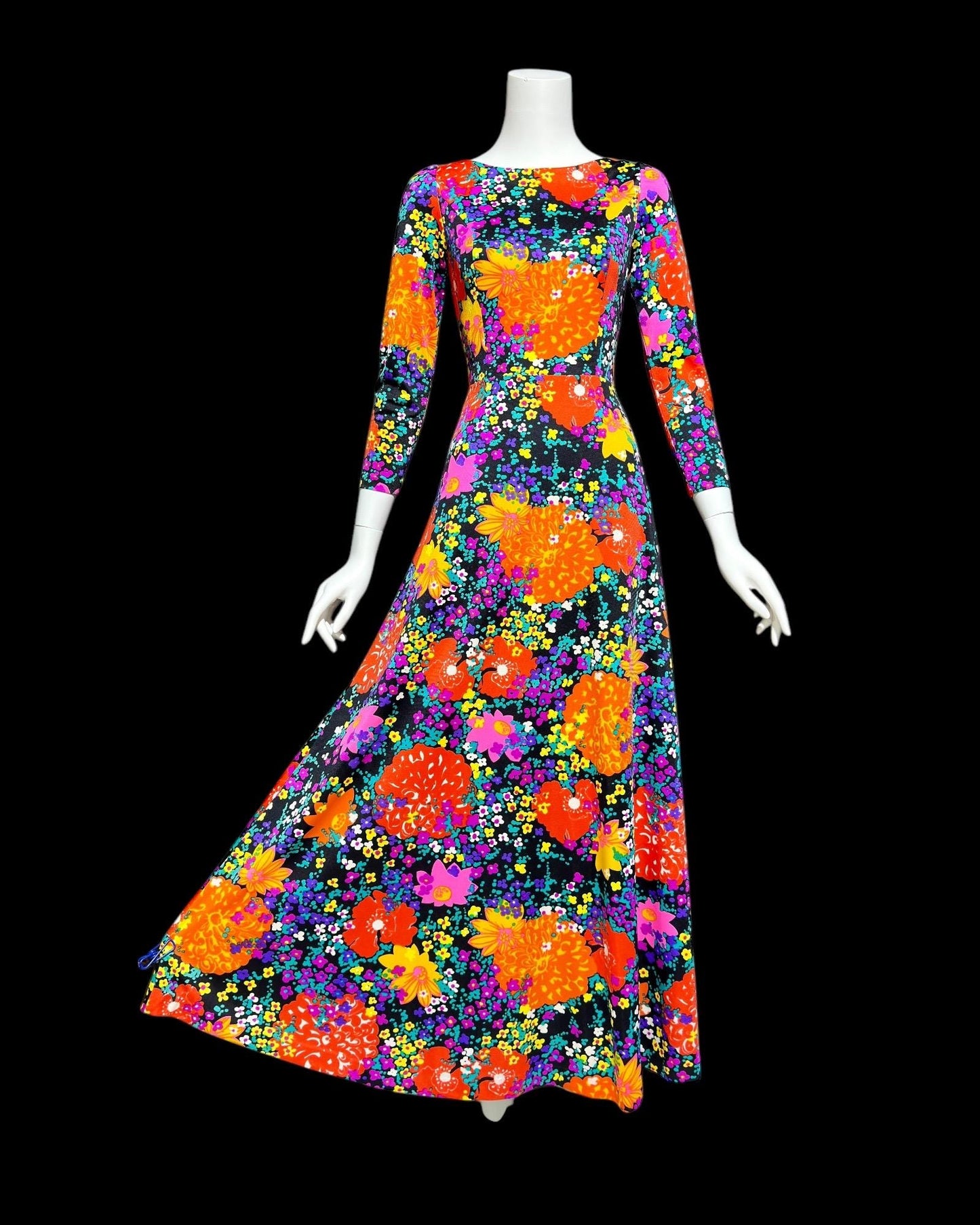 MARVELLA SCREEN PRINT, vintage 1960s neon floral maxi dress, Bold floral psychedelic dress with long sleeves