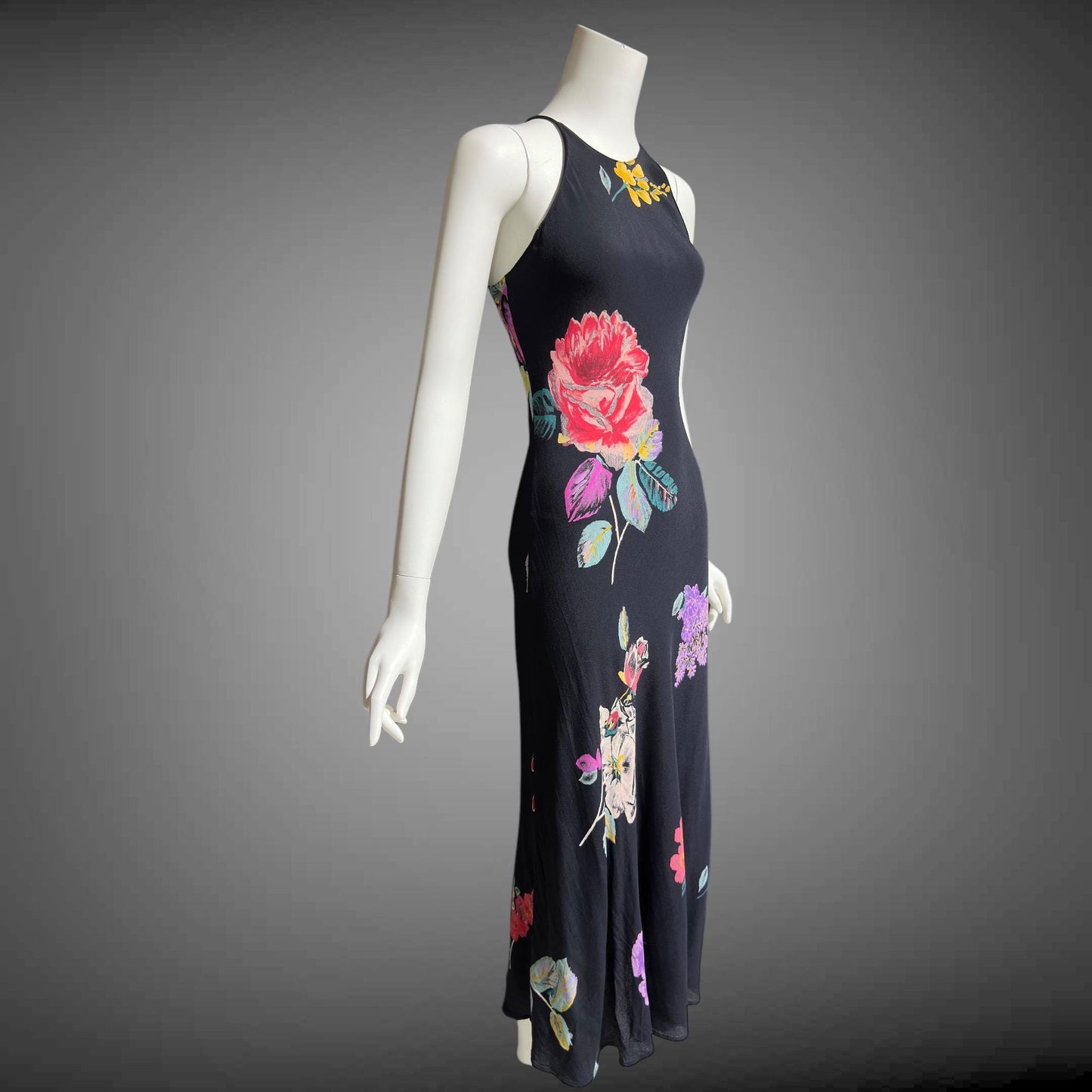1990s vintage bias cut dress, Bodycon rose flower print evening sheath slip dress, maxi dress