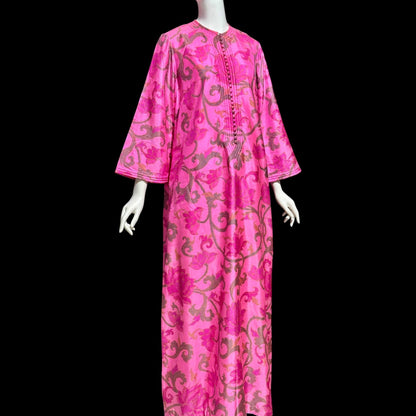 JIM THOMPSON, vintage 1960s Thai Silk caftan maxi dress, Hot pink lotus blossom floral gown, Hippie Boho Kaftan Dress