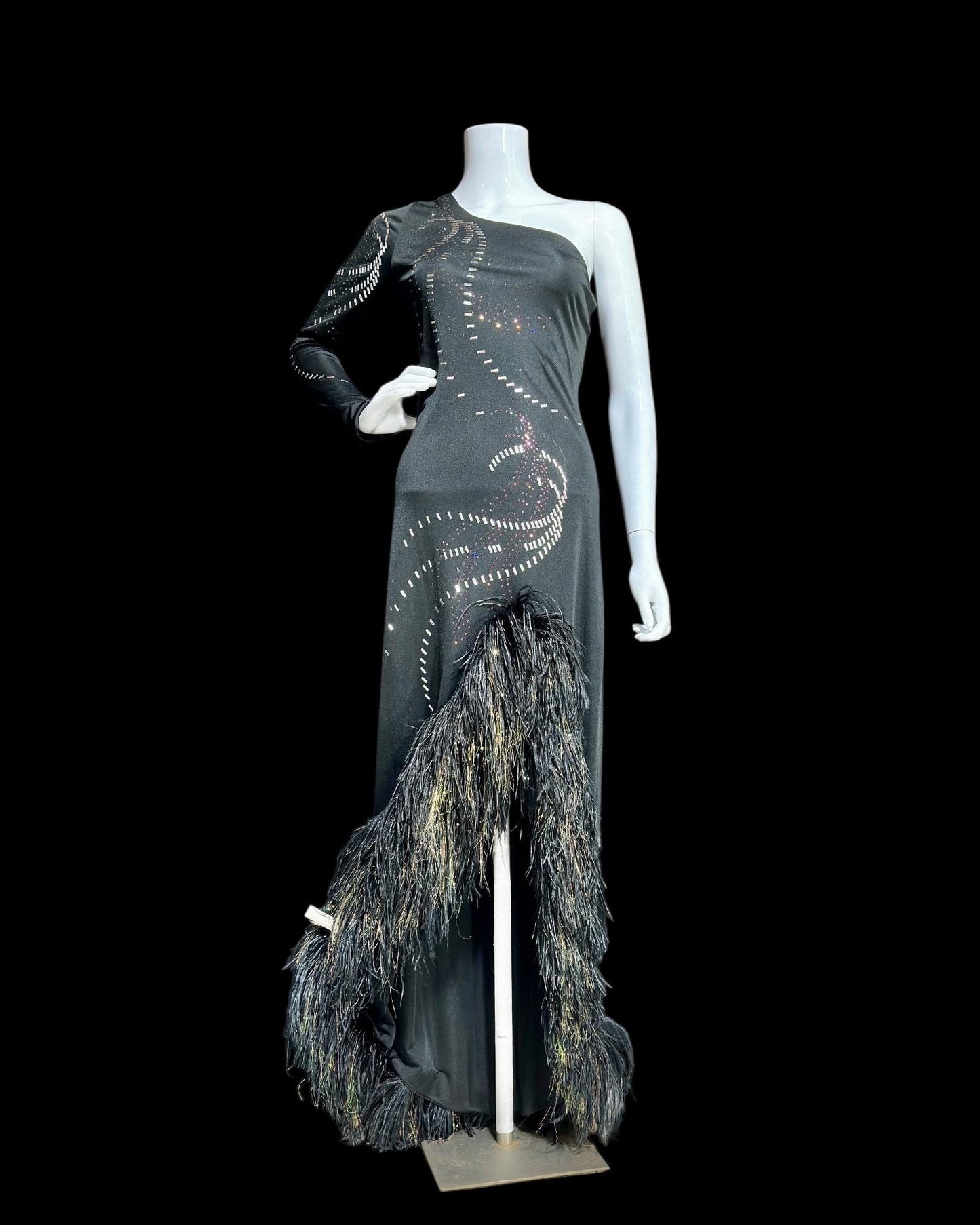 1970s vintage evening gown dress, Black bodycon one shoulder sheath jersey gown, Thigh high slit with Ostrich Feathers