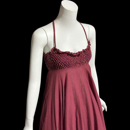 GUNN TRIGERE, vintage 1970s sundress, smocked and beaded cotton trapeze day dress, Hippie Boho beachwear