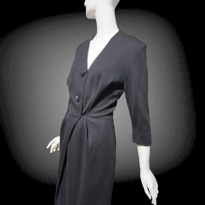 TRICOSA PARIS vintage 1950s coat dress, black knit bombshell wiggle dress, button front