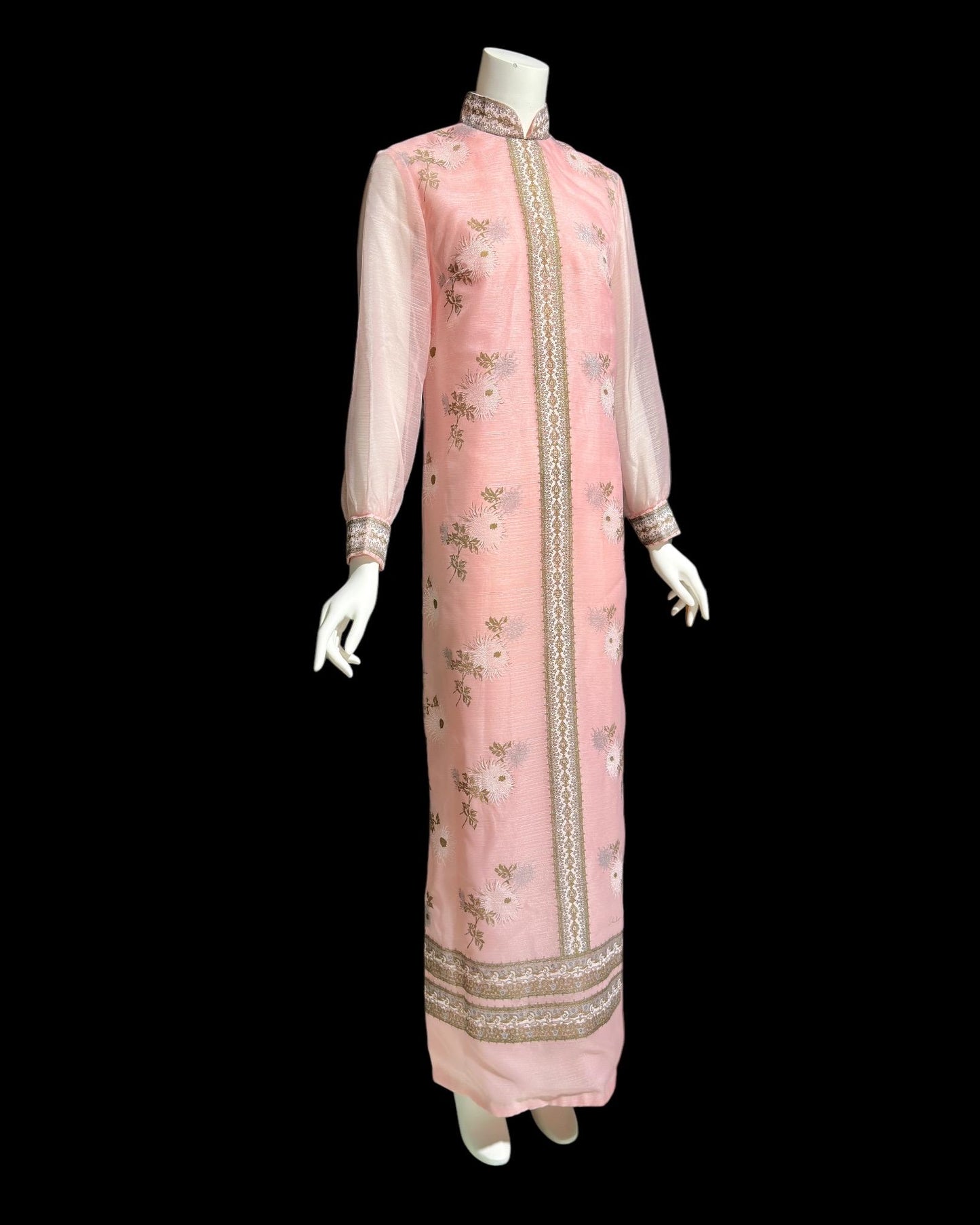 ALFRED SHAHEEN vintage 1970s Pink hand screen print floral Shift Maxi Dress, Hawaiian chrysanthemum flowers