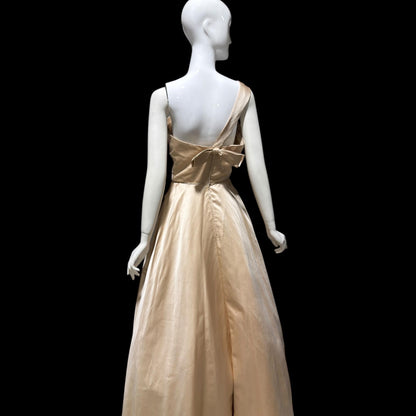NAN DUSKIN vintage Evening Dress Ball Gown: 1940s Almond Taupe All Silk one shoulder gown