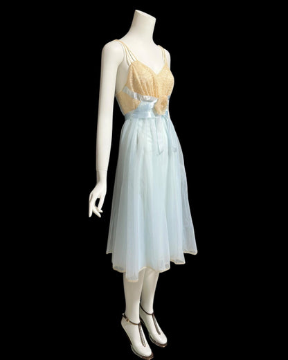 VANITY FAIR vintage 1950s nightgown, Powder Blue Nylon Lace House Dress Grecian Goddess