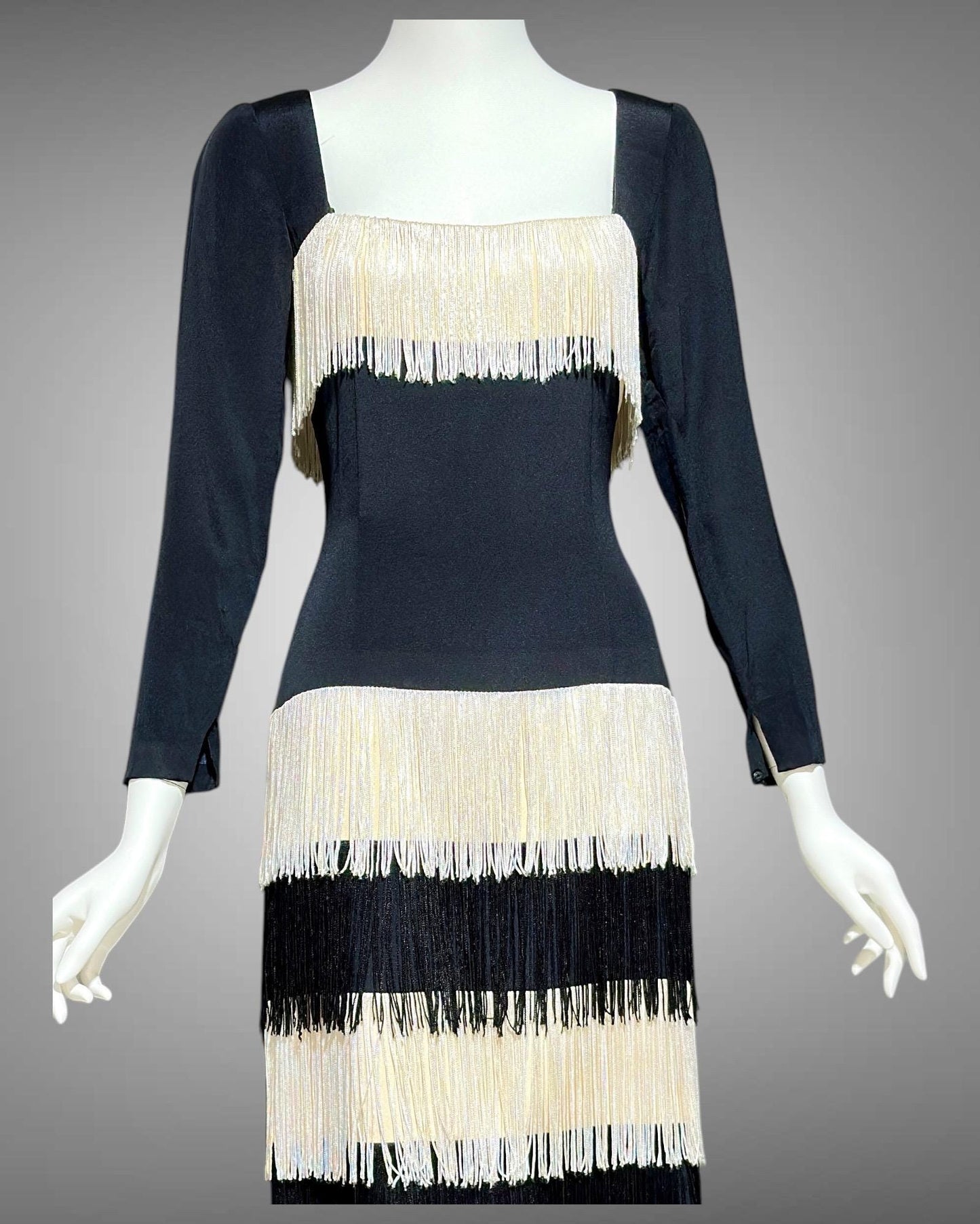 TRAVILLA vintage evening cocktail dress, 1960s black white fringed mod party dress