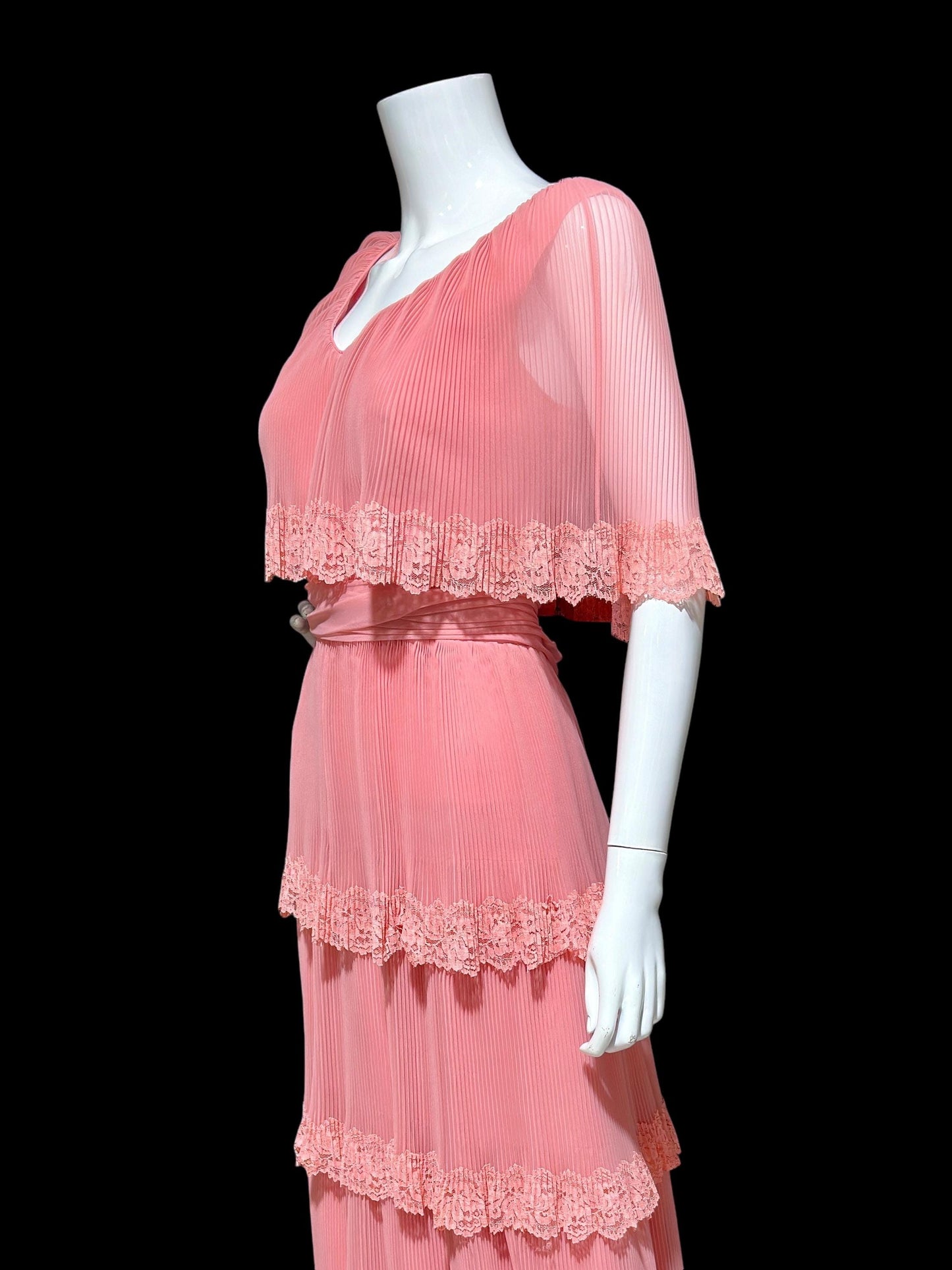 MISS ELLIETTE vintage 1970s pleated chiffon evening gown, Old Rose Pink tiered skirt maxi dress with ruffled collar