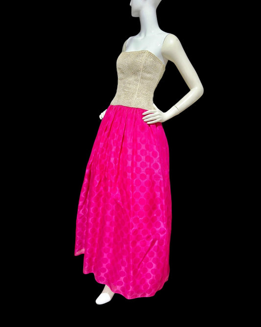 RICHILENE vintage evening dress gown, Lord & Taylor, 1980s strapless white beaded hot pink polka dot skirt ball gown