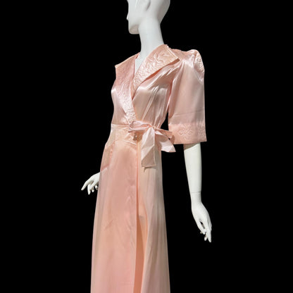 ANITA vintage 1940s Dressing Gown Robe, Made in Cuba Shiny Satin Pink Wrap Housecoat
