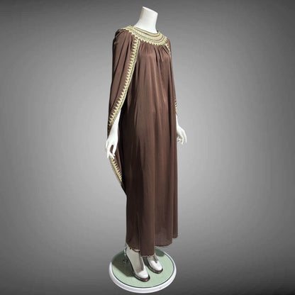 1970s vintage caftan dress, brown and gold metallic kaftan with attached cape