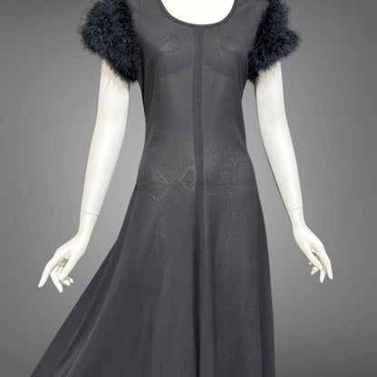 FIFTH AVENUE ROBES, vintage 1950s nightgown, black sheath evening gown with marabou sleeves, totally sheer house dress