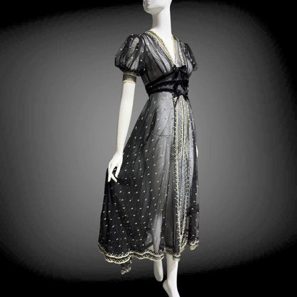 1930s Vintage Sheer Lace Evening Dress: Black embroidered babydoll Dress