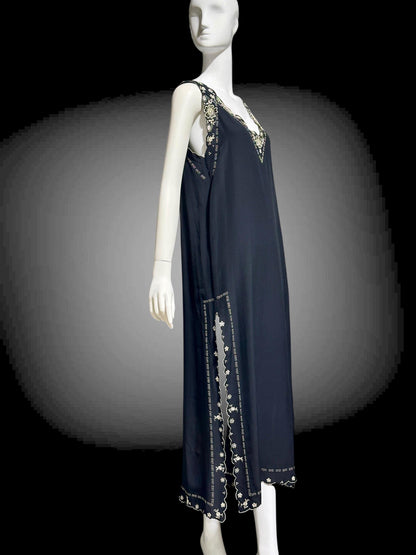 PEONY, vintage 1950s Silk Nightgown slip dress, black and white shift cut hand embroidered long gown
