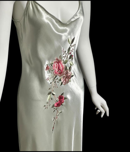 BONNIE STRAUSS, vintage 1990s slip dress, shiny satin bias cut sheath embroidered gown, 1940s style gown