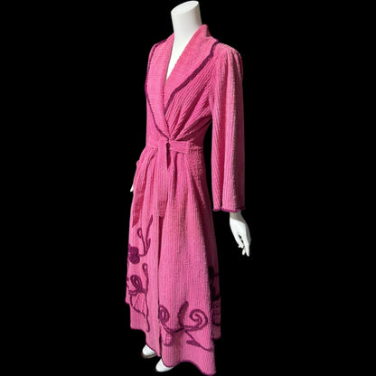 1940s vintage dressing gown robe, Raspberry Pink cotton chenille wrap front housecoat, full length hostess dress, Embroidered