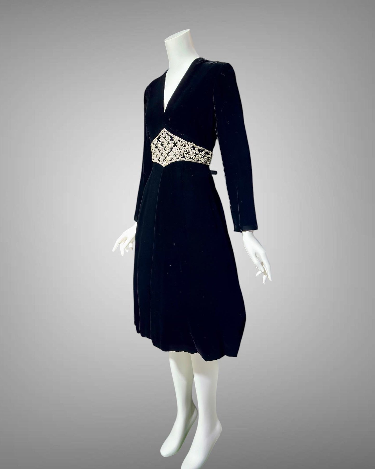 MOLLIE PARNIS for SAKS black velvet cocktail dress, 1960s Rhinestone encrusted waist