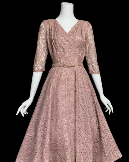 ANN KAUFFMAN, vintage 1940s dress, Old Rose Pink lace w/ silver metallic, shelf bust fit and flare cocktail party evening dress