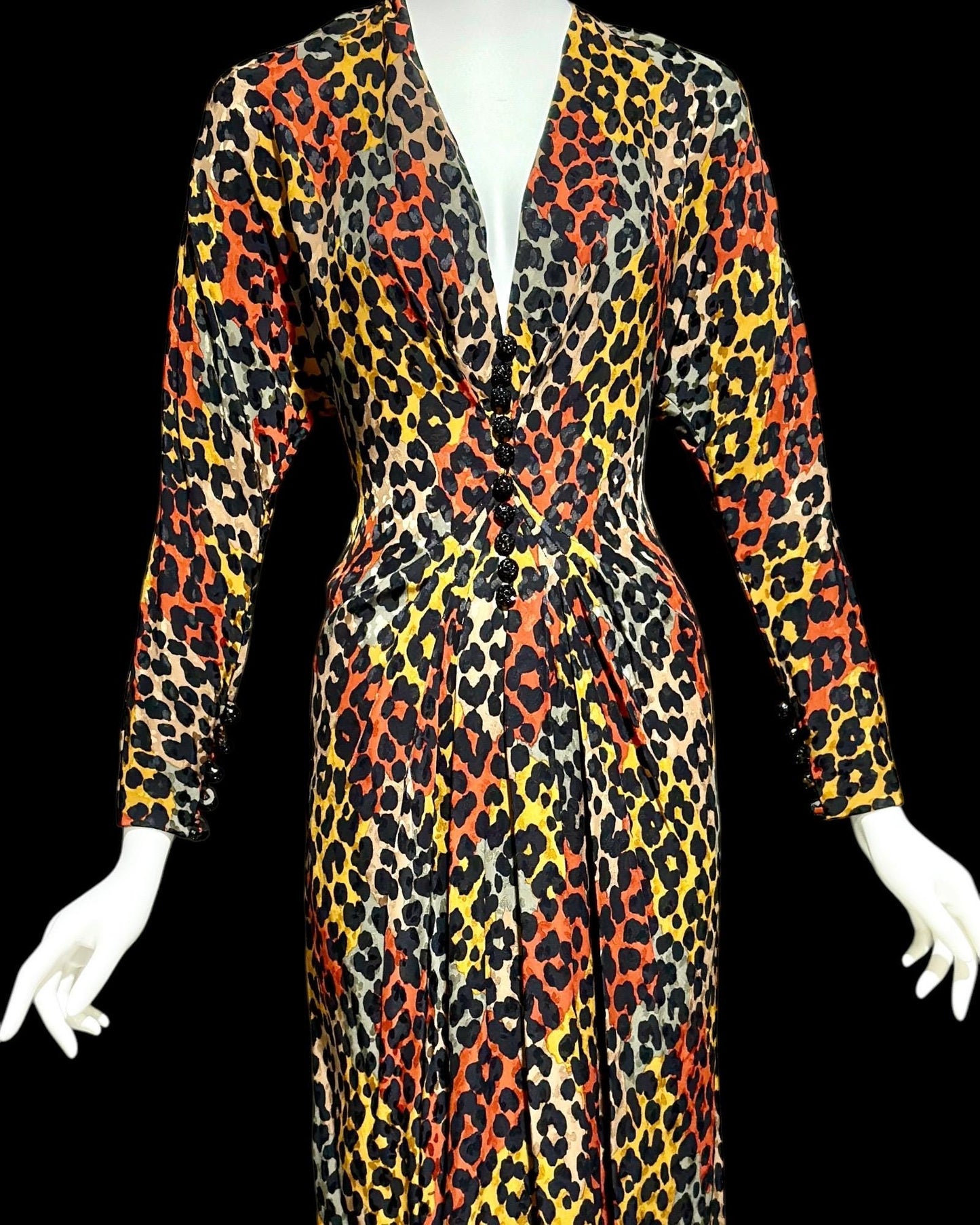 ADOLFO vintage 1980s silk dress, SAKS Fifth Ave, Animal print Office evening party dress, deep V long sleeve