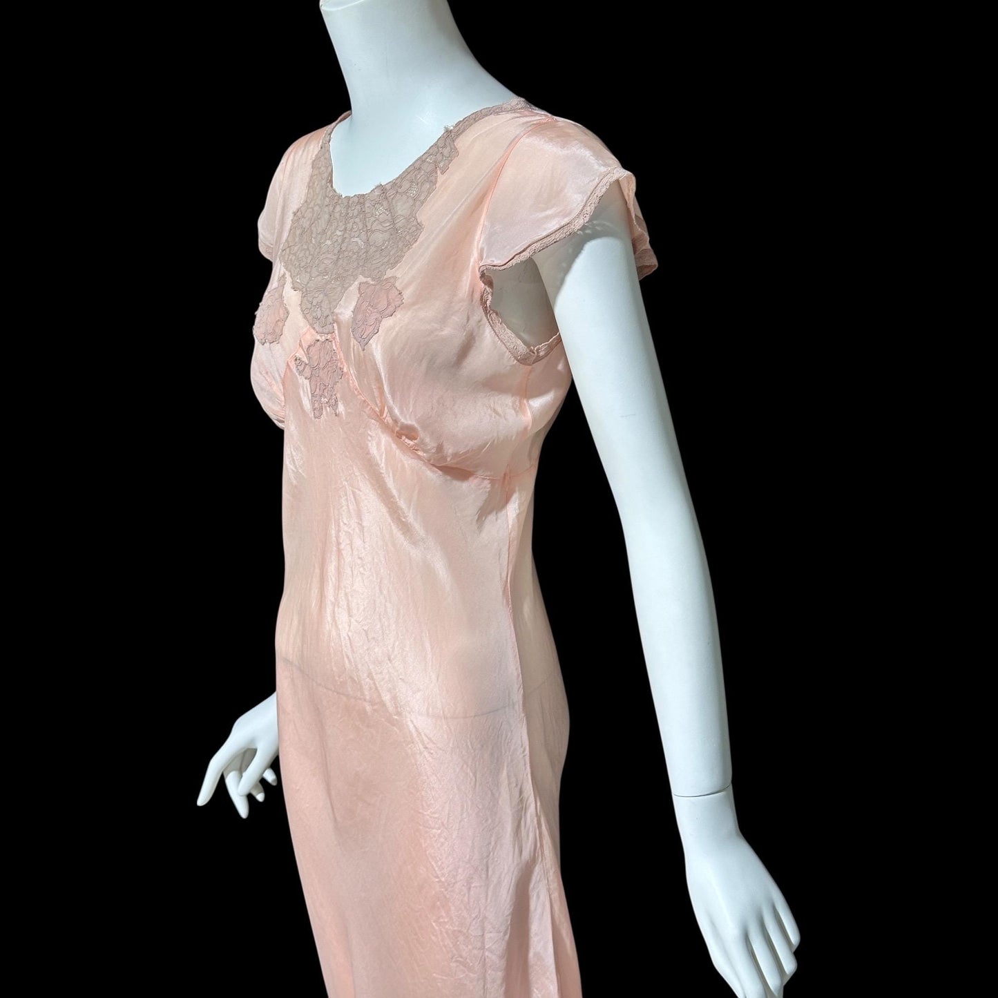1930s Rayon Slip Dress: Vintage Bias Cut Shiny Peachy Pink Nightgown, Lace Trim