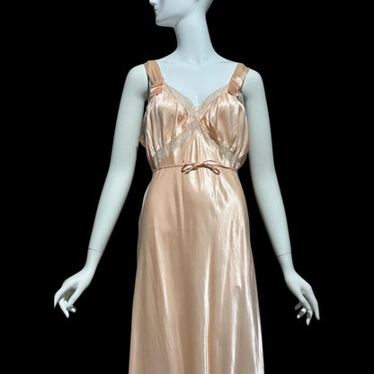 MISS SIREN, vintage 1930s Nightgown slip dress, shiny peach rayon bias cut lacy slip dress
