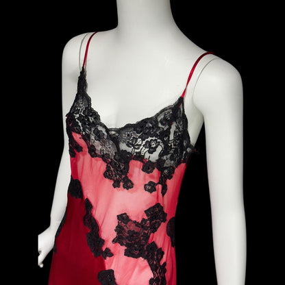 FREDERICK'S Attributed, vintage 1980s Slip Dress, Red and black satin and sheer mesh, lace and sequins, sheath night dress