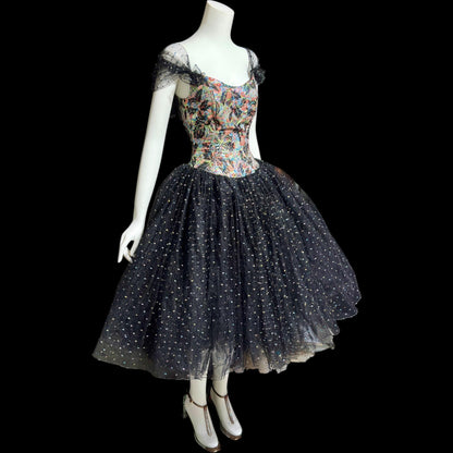 DAVID FIELDEN London, SAKS 1980s Party Dress, Silk Insane Tutu tulle lame party dress