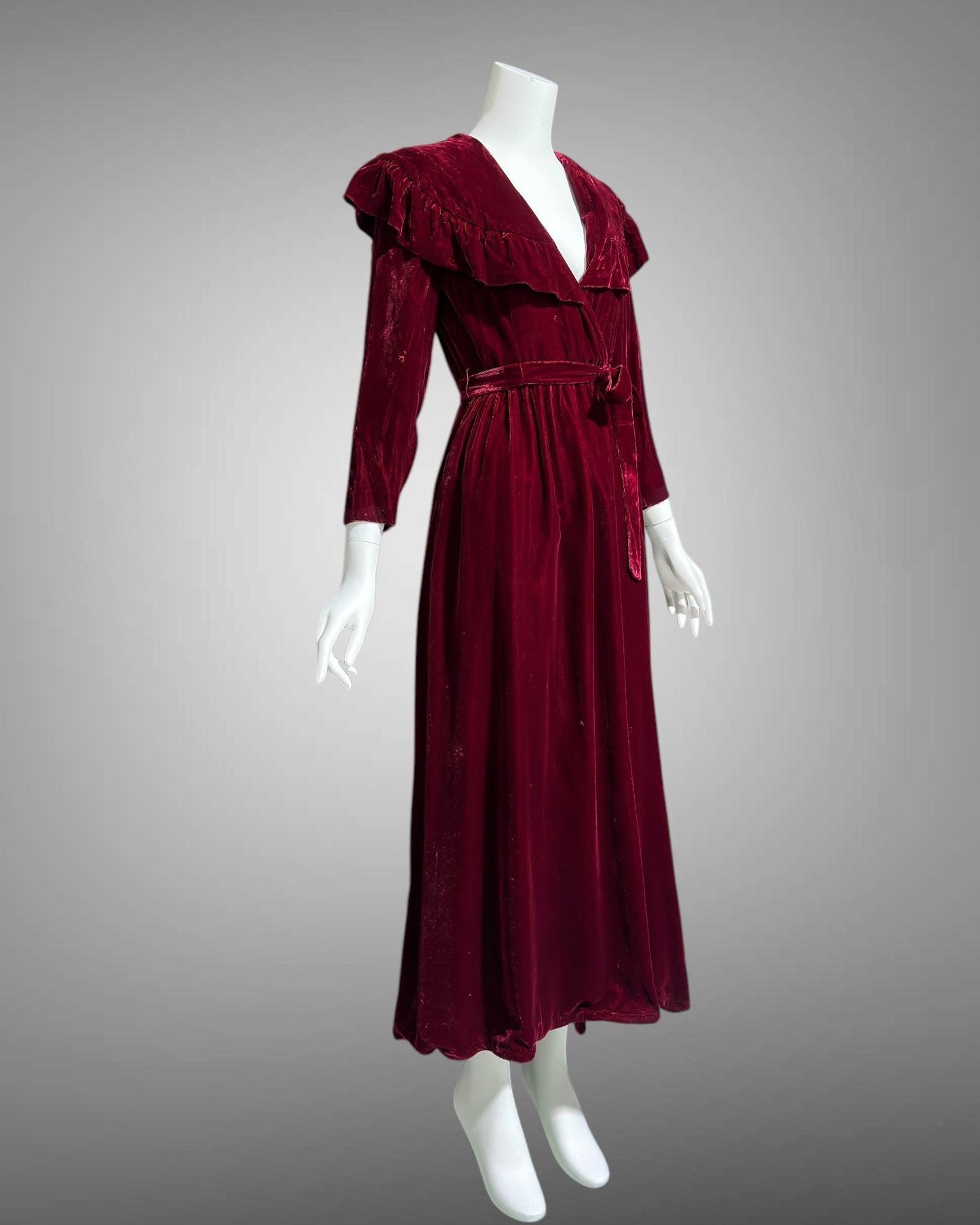 MOLLIE PARNIS Vintage Dressing Gown Housecoat, 1960s deep red velvet wrap front Robe