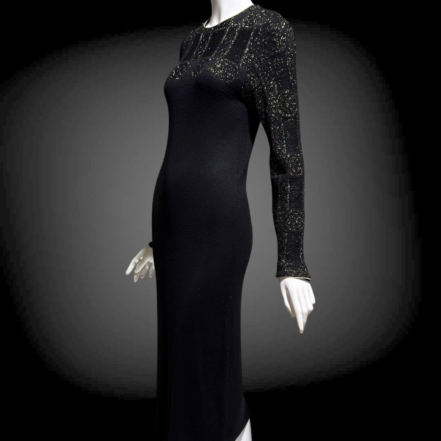 MARY MCFADDEN vintage 1970s knit cocktail dress, Black Gold Long Sleeve Office Party dress