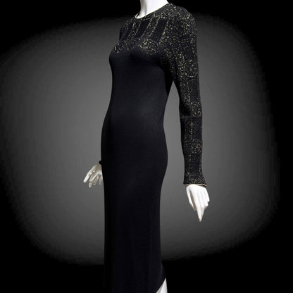 MARY MCFADDEN vintage 1970s knit cocktail dress, Black Gold Long Sleeve Office Party dress