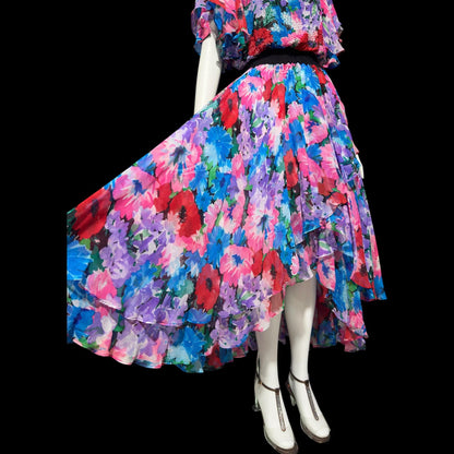 DIANE FREIS vintage 1980s silk dress, Neiman Marcus floral gypsy dress, flutter sleeves high low ruffle cocktail dress