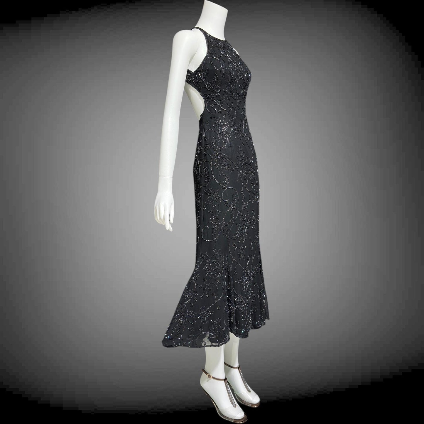 CACHE vintage 1990s evening dress, Bodycon black beaded racer back sheath slip dress, backless cocktail party dress