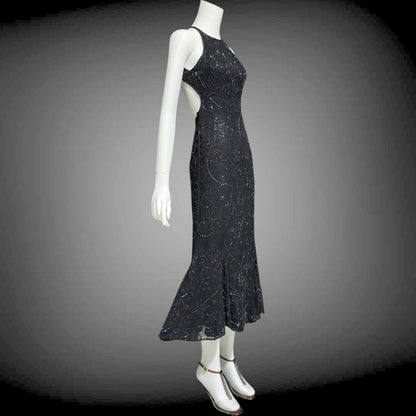CACHE vintage 1990s evening dress, Bodycon black beaded racer back sheath slip dress, backless cocktail party dress