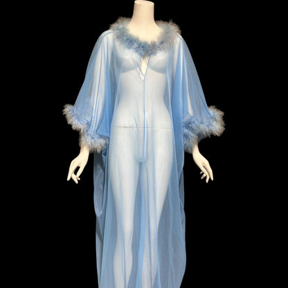 JENELLE of California, vintage 1960s nightgown caftan, Sheer blue nylon with marabou feathers, loose house dress lounging gown