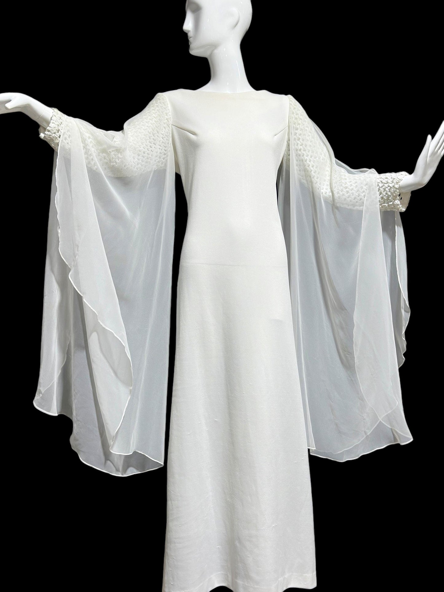 MELINDA vintage evening gown, white jersey knit poly chiffon angel sleeve dress, Medium 38 bust